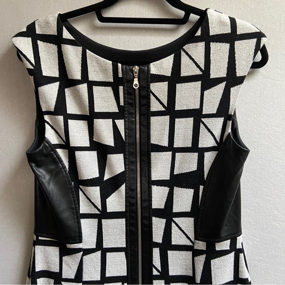 Joseph Ribkoff pattern back zipper leather panels midi dress Sz 12 - Picture 9 of 9